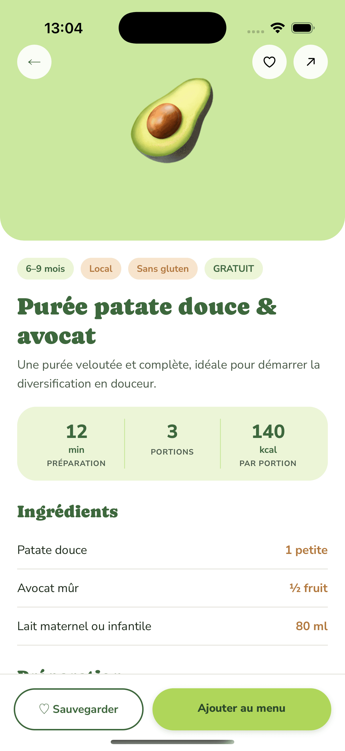 Écran de détail d'une recette