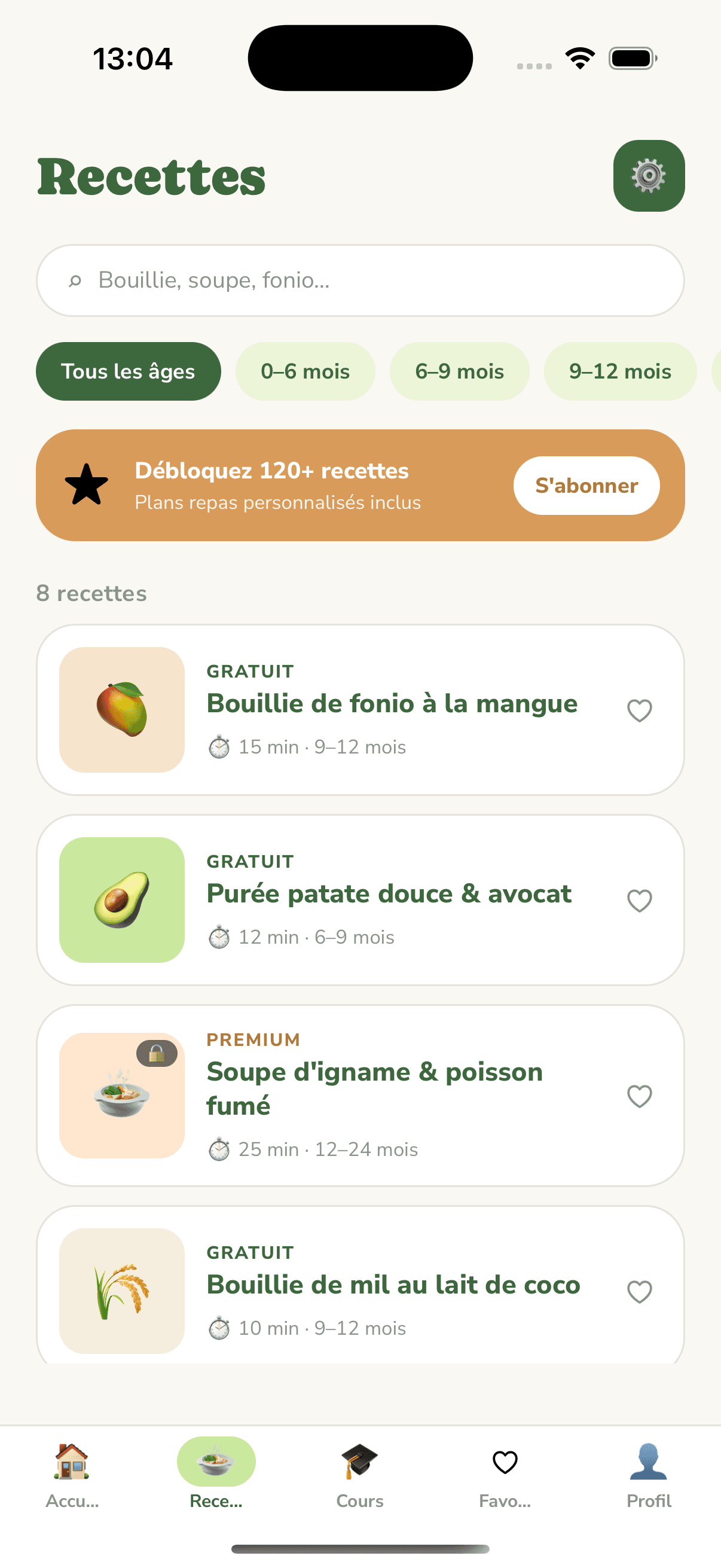 Écran de catalogue des recettes